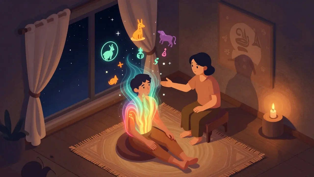 Terapeut vedoucí klienta přes holotropní dýchání, kolem nich se vznášejí vizuální prožitky z minulosti.