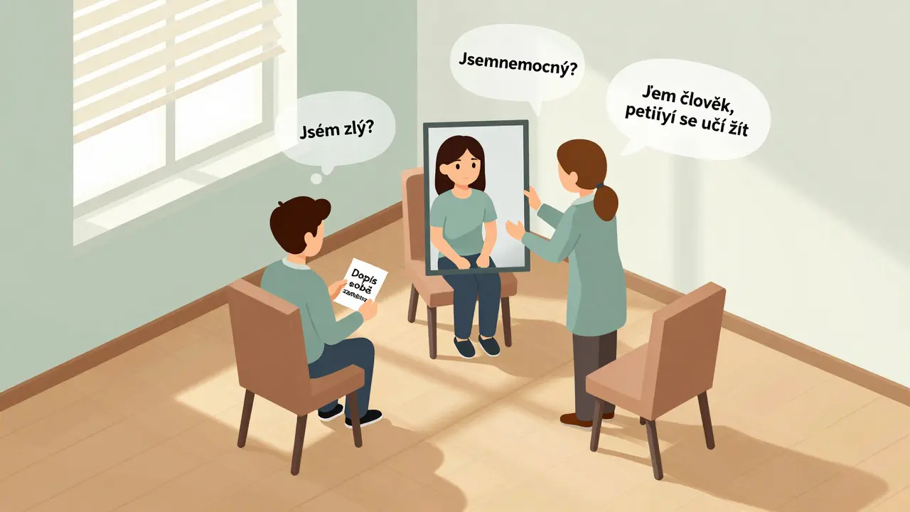 Terapeutická místnost s klientem, terapeutem a zrcadlem, které odráží jeho dřívější já.