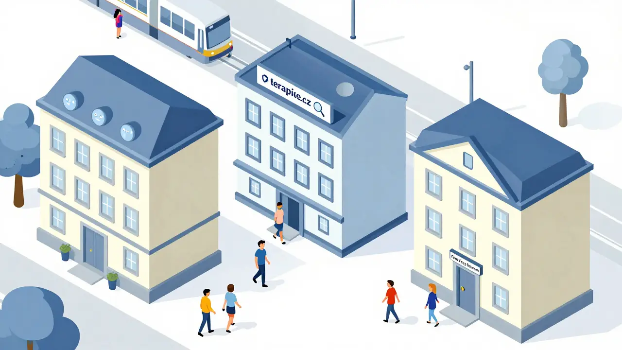 Tři budovy v Brně symbolizují způsoby, jak najít kvalifikovaného terapeuta.