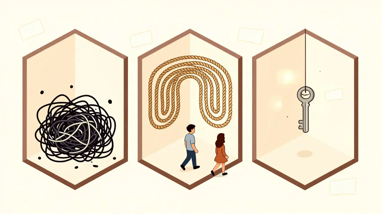 Tři symbolické místnosti představující průběh terapie s postupným uvolňováním.