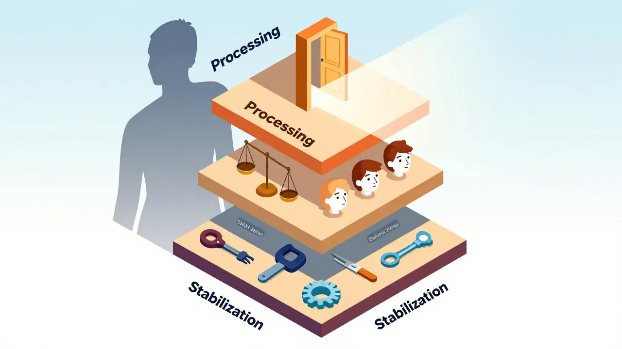 Trojúrovňová struktura psychického zotavení: stabilizace, regulace emocí a zpracování traumatu.