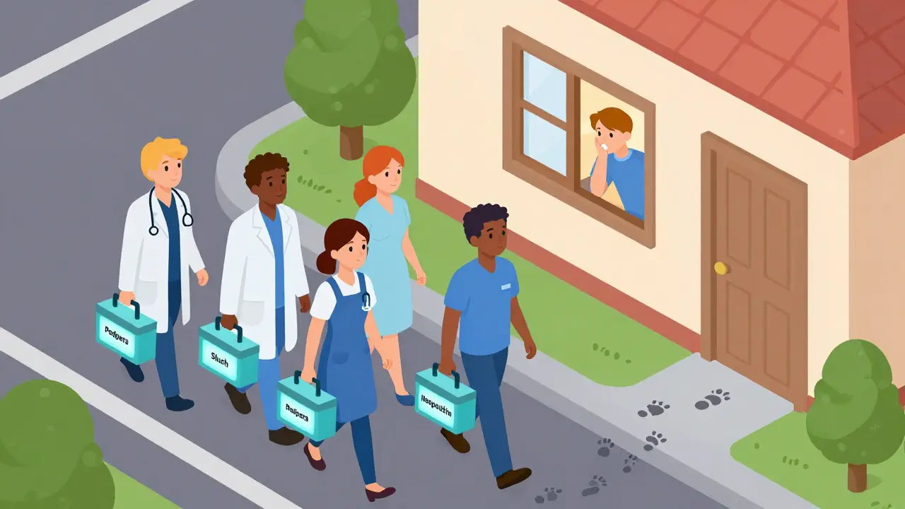 Tým zdravotníků jde k domu, člověk u okna je pozoruje s nadějí.