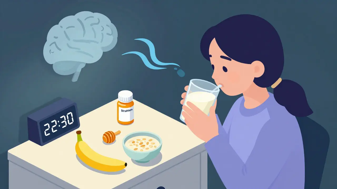 Večerní rutina s teplým mlékem s medem a klidným spánkem pro člověka užívajícího Stratteru.