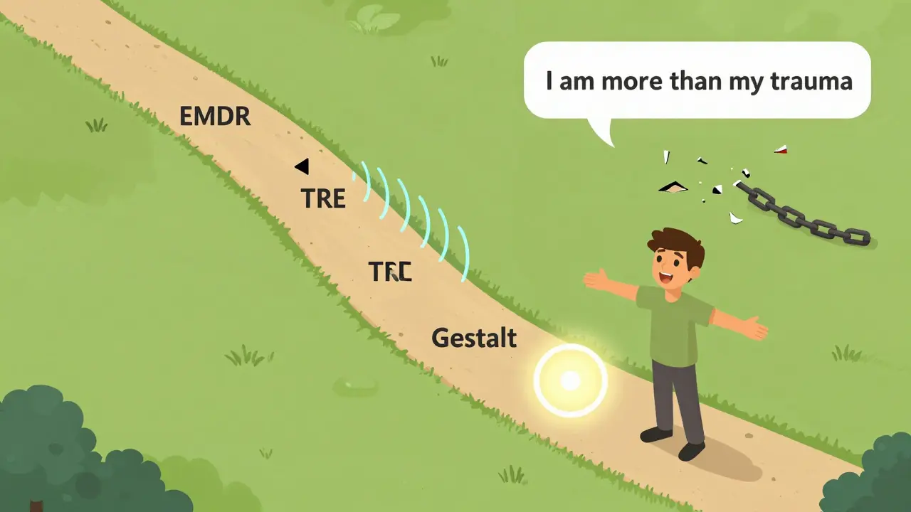 Cesta k uzdravení s kroky EMDR, TRE a Gestalt, končící osobou, která přijímá svůj příběh.