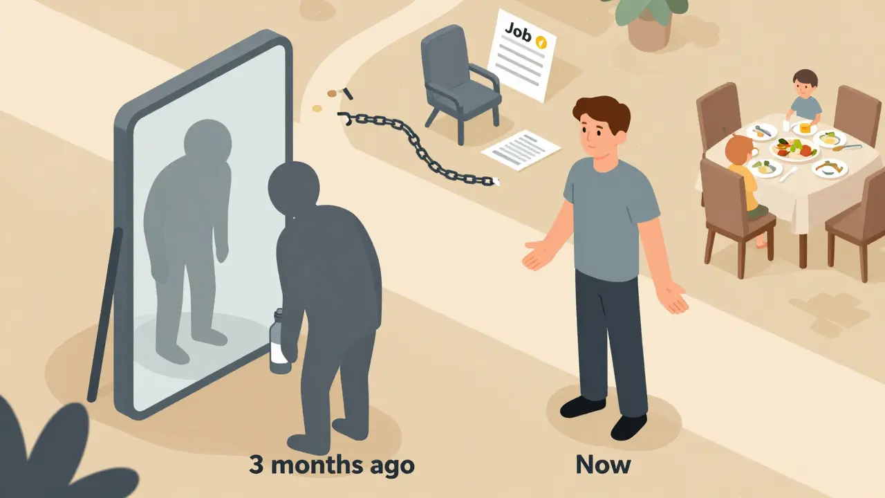 Člověk se dívá do zrcadla a vidí svou změnu od závislosti k obnově.