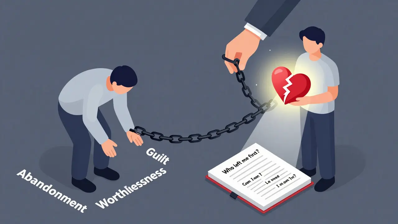 Člověk vázaný závazky viny vs. stejný člověk volný, držící zářivé srdce s otázkami života.