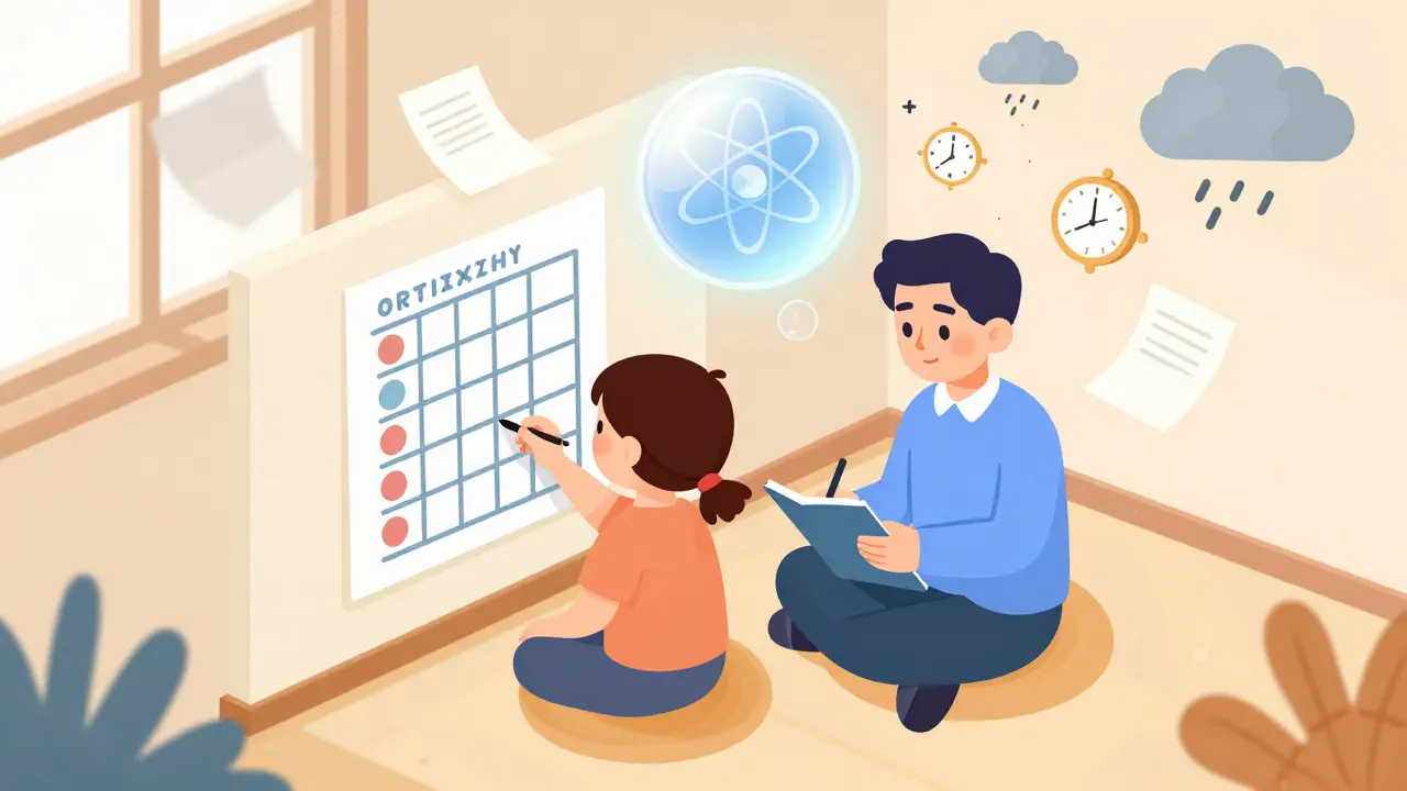 Dítě a dospělý společně organizují den v klidném prostředí, atomoxetin jako klidné záření nad nimi.