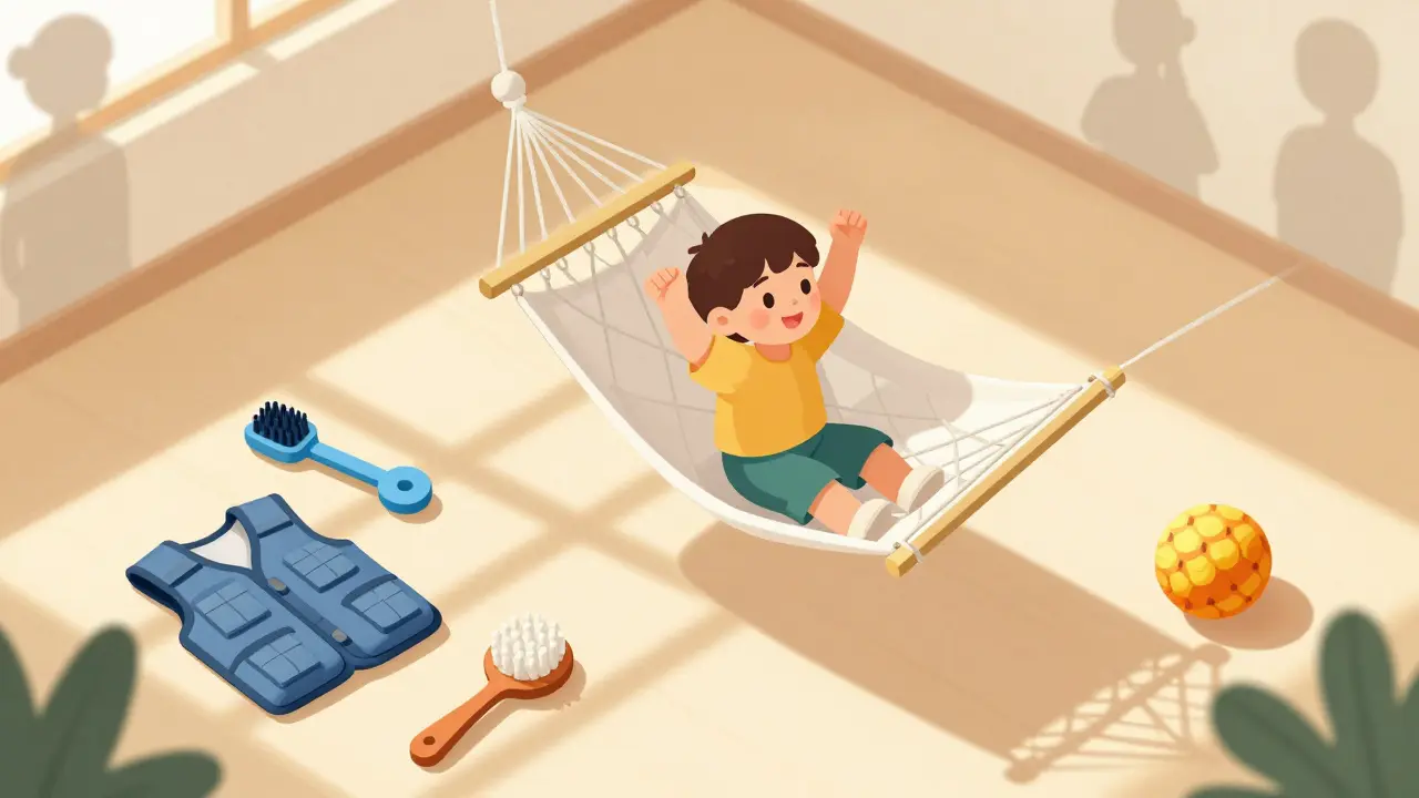 Dítě samostatně vlezlo do visuté sítě, zatímco kolem něj jsou senzorické pomůcky jako hračky.