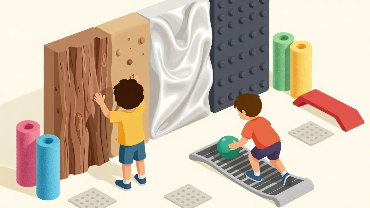 Dítě zkouší různé textury na zdi, zatímco druhé dítě hraje s váhovou rampou.