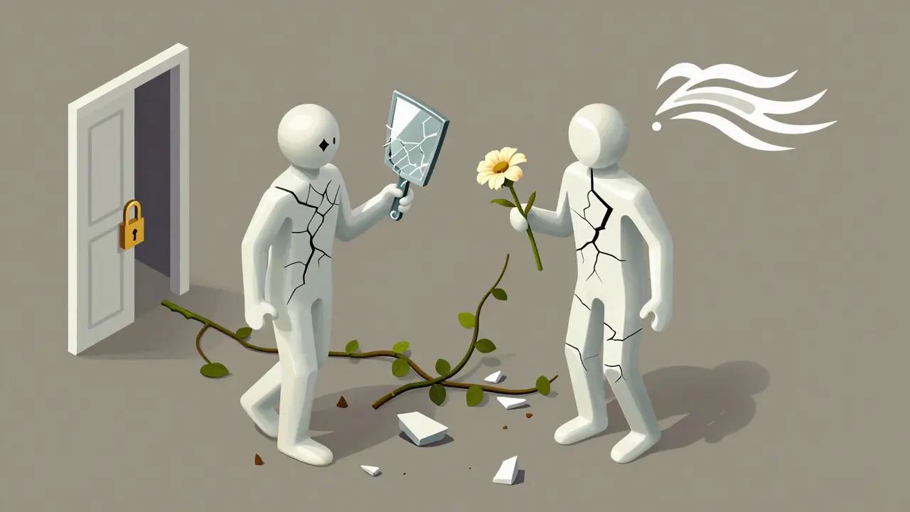 Dva postavy z laku jsou odděleny škrábanými překážkami, zatímco květina roste skrz štětiny.