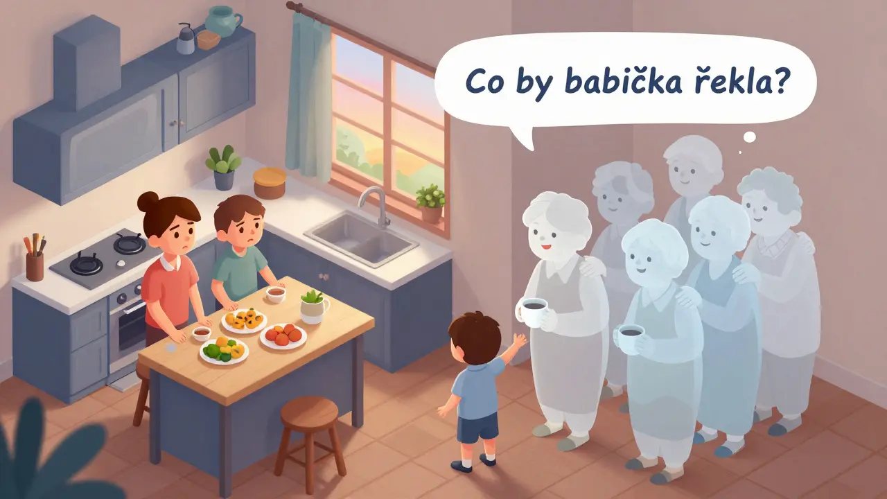 Dvě verze domu: jedna moderní a stresovaná, druhá plná neviditelných prarodičů.