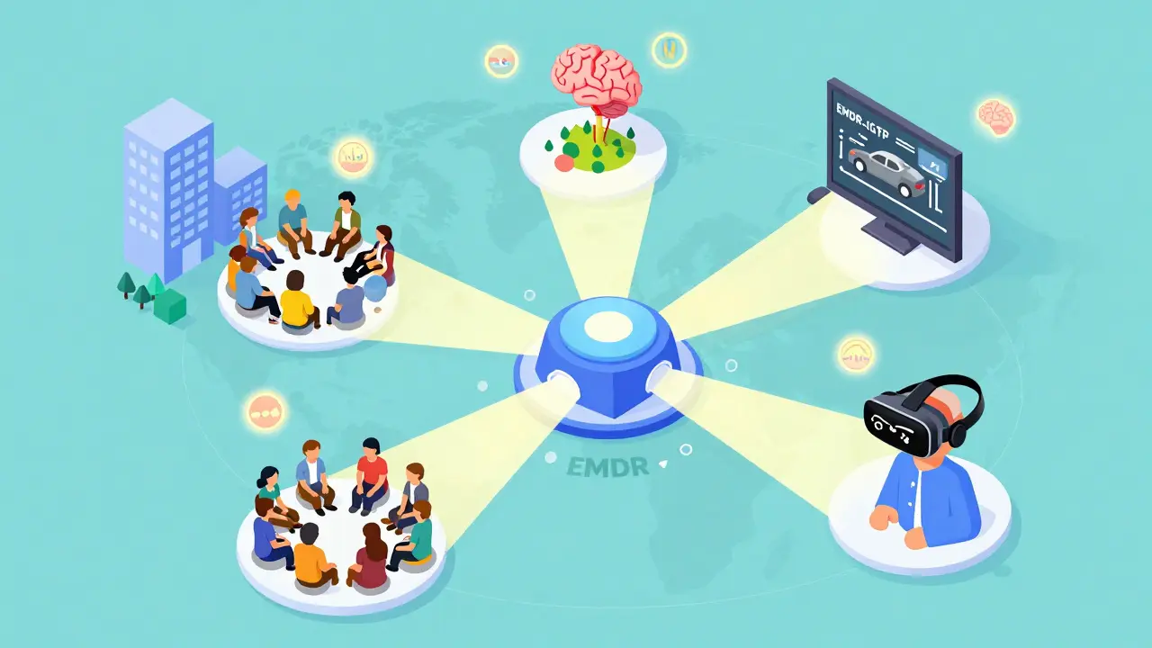 Globální scéna s EMDR terapií používanou v různých zemích a kontextech.