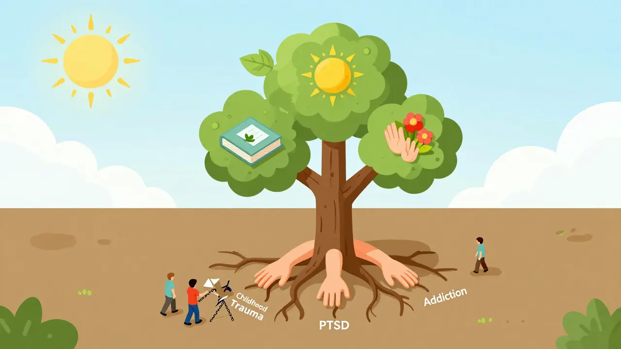 Isometrická ilustrace stromu s kořeny z trauma a větvemi symbolizujícími léčbu, podporu a klid.