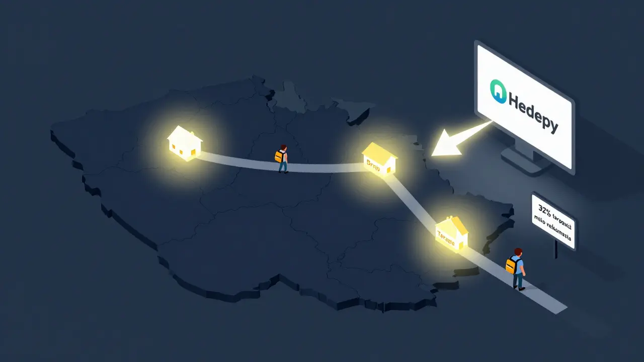 Isometrická mapa Česka s jen třemi osvětlenými městy a lidmi cestujícími k terapii, symbolizující nedostatek přístupu.