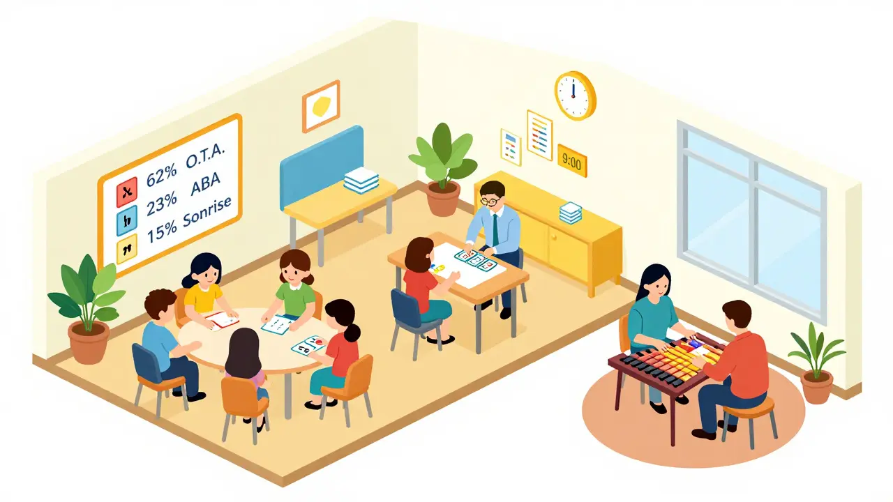 Isometrický pohled na české centrum pro terapii autismu s třemi různými přístupy: O.T.A., ABA a muzikoterapii.
