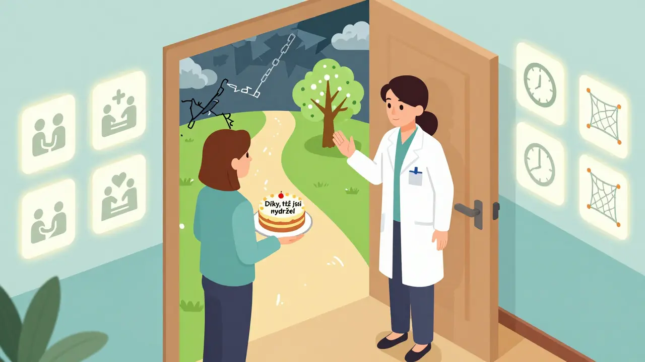 Klient přináší dort k dveřím terapeutické kanceláře, terapeut stojí uvnitř, jemně odmítá vstup, za ním cesta od chaosu ke klidu.