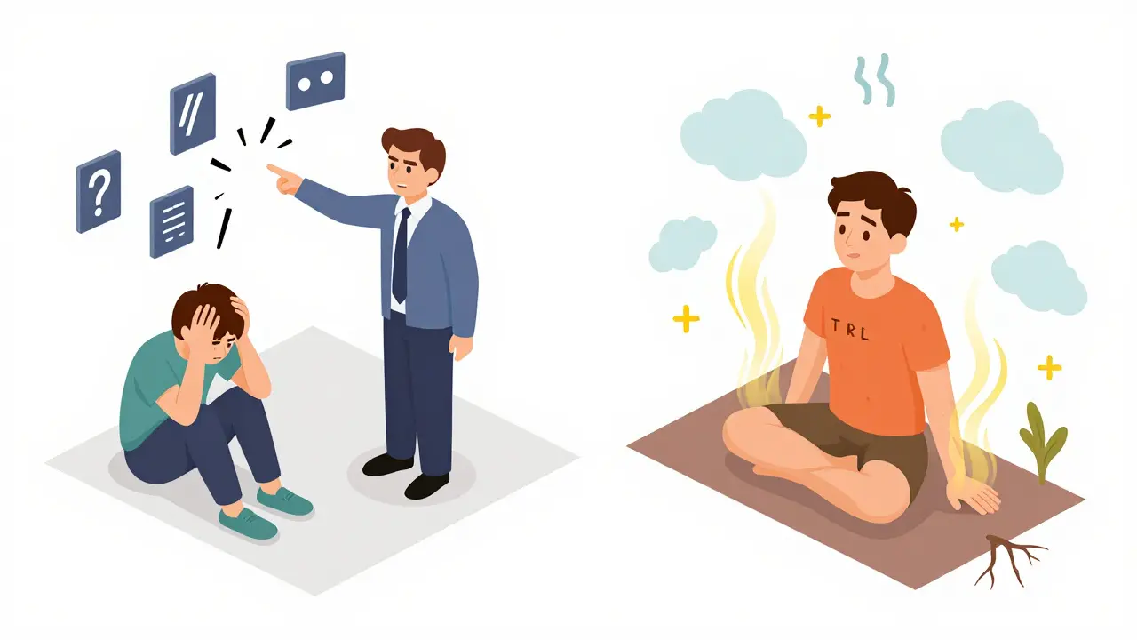 Kontrast mezi škodlivou a bezpečnou terapií: jeden klient ve stresu, druhý v klidném třesení s energií.