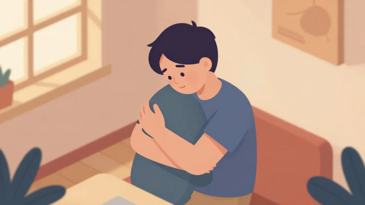 Osoba se objímá v klidné místnosti, symbolizující sebevztah a hojení.