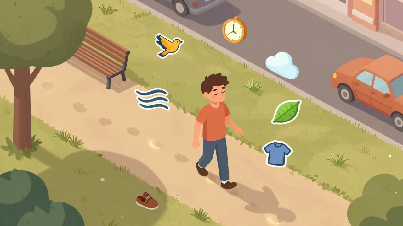 Osoba si v parku vědomě prochází, sleduje své smysly a přítomnost.