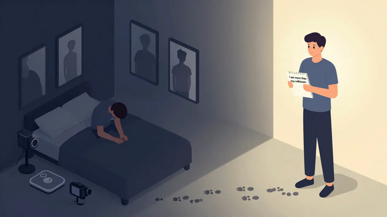 Přechod od izolace a úzkosti k naději a přijetí sebe sama po léčbě tělesné dysmorfie.