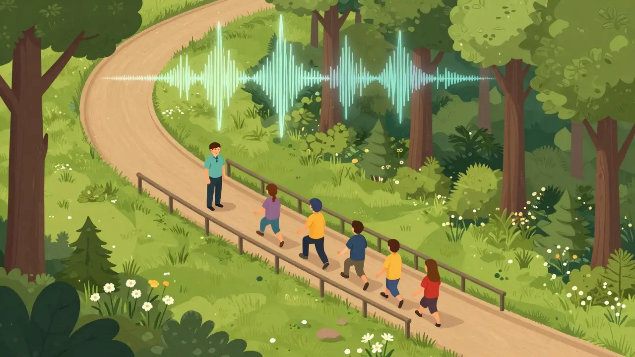 Přístupná cesta v lese s průvodcem a skupinou, symbolizující léčebný kontakt s přírodou.