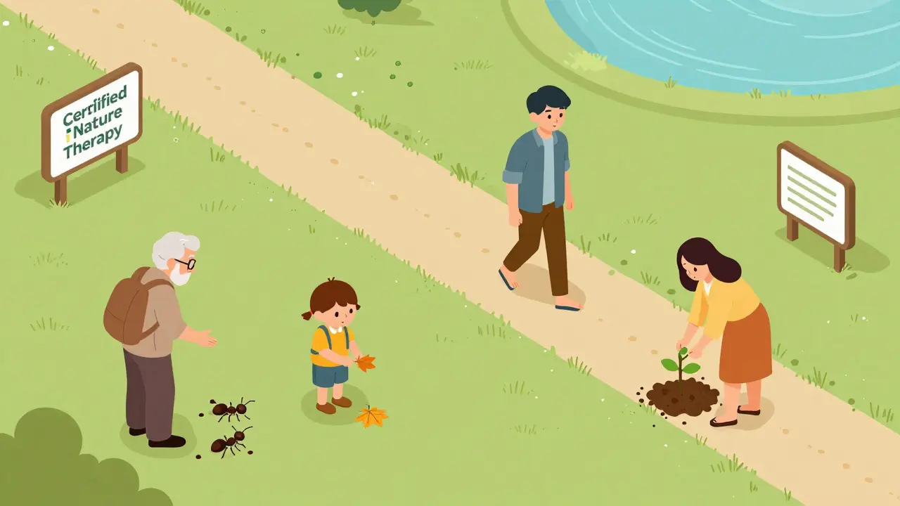 Různé osoby aktivně interagují s přírodou: sbírají listy, pozorují hmyz a zasazují stromky.