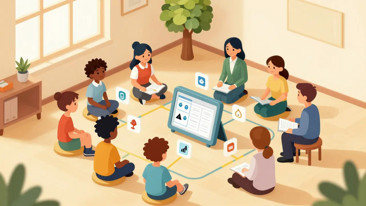 Skupina lidí společně používá digitální komunikační systémy v komunitním prostředí.