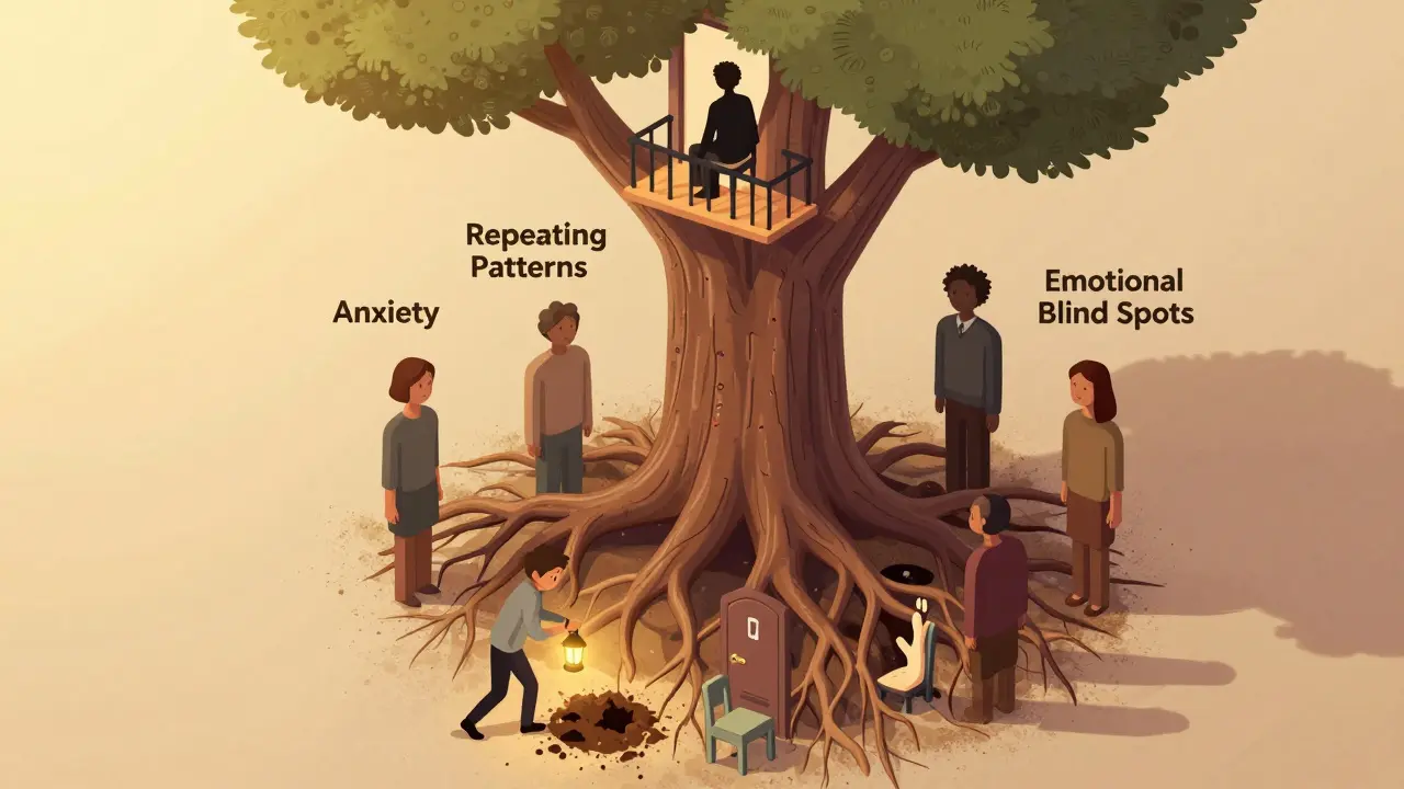 Strom s kořeny tvaru lidí, kteří se rozvětvují do emocionálních problémů, terapeut pozoruje z výšky.