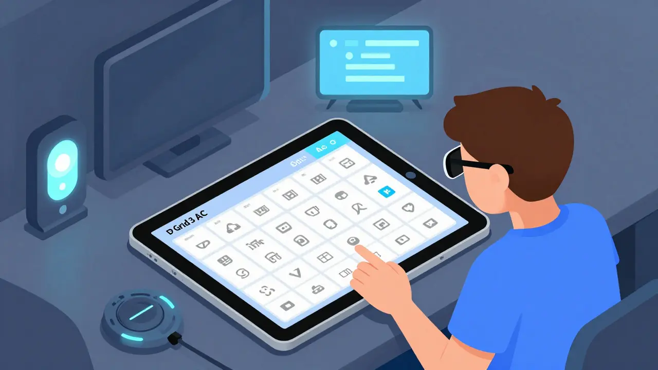 Teenager používá oční sledování k ovládání pokročilého AAC systému Grid 3.