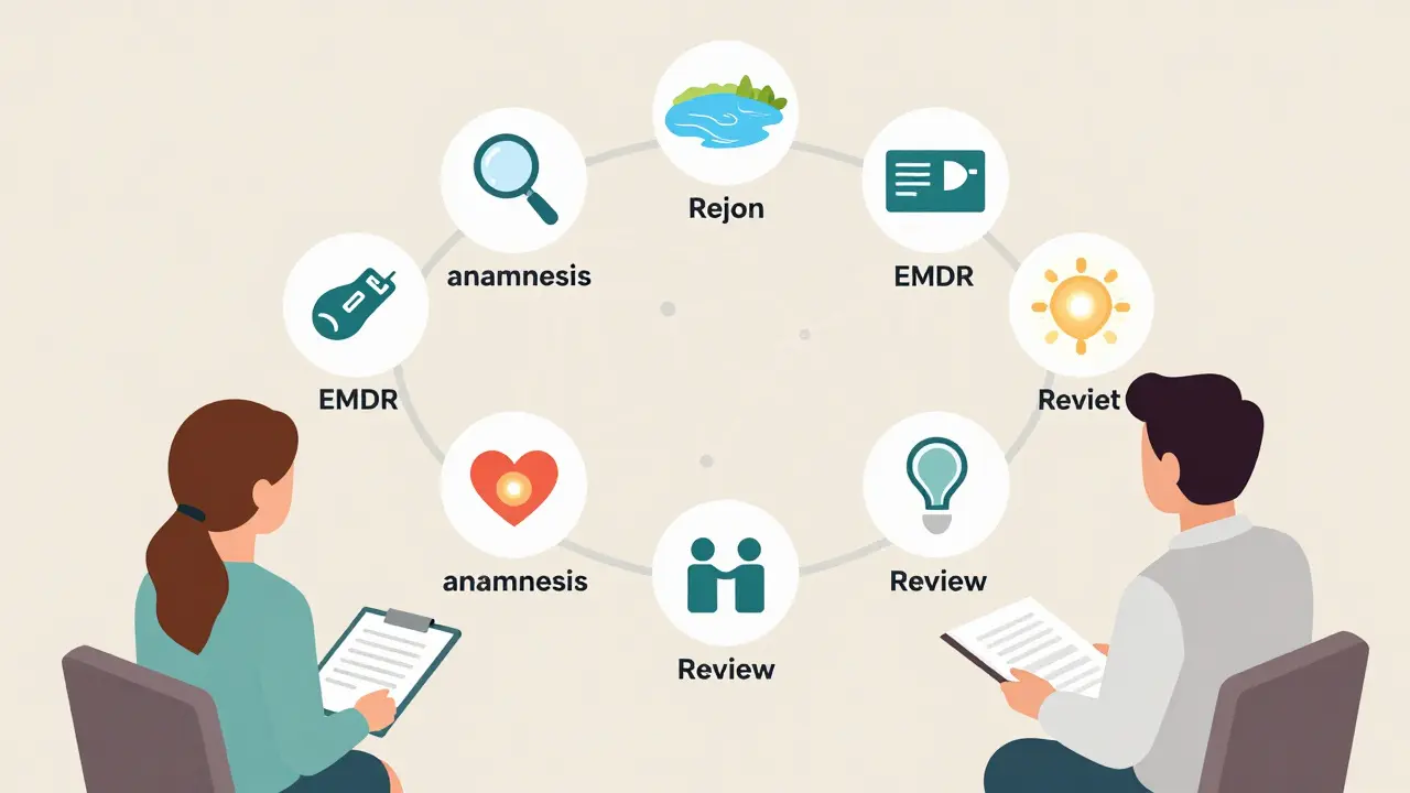 Terapeut a klient spolu procházejí osm fází EMDR terapie jako vizuální kroky.