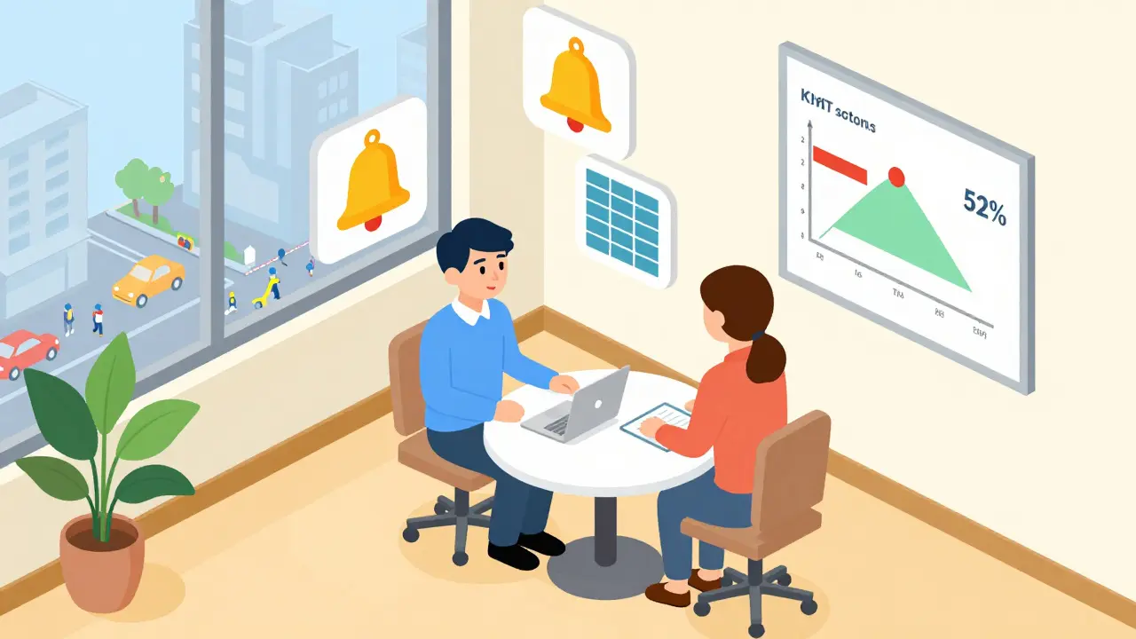 Terapeut a klient spolu v pokoji, kolem nich plavají nástroje KBT jako mindfulness, bloky času a škála stresu.