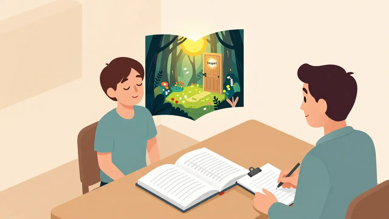 Terapeut a pacient spolu v klidné místnosti, kde se představuje přepsaný sen jako příběh v knize s výrazným znakem bezpečí.