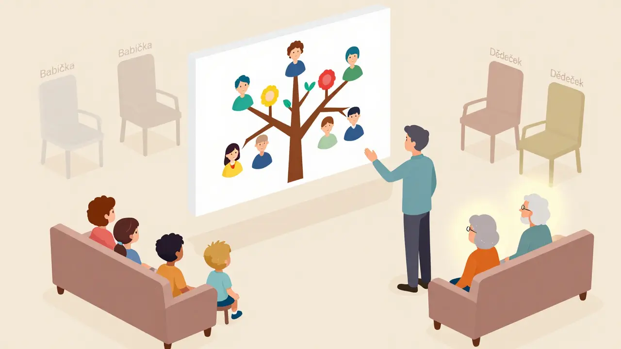 Terapeut ukazuje na rodinný strom, kde prarodiče jsou neviditelní, ale přítomní.