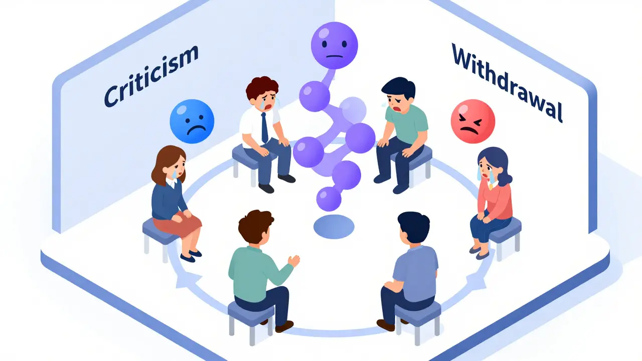 Terapeut vede pár k přeměně vzteků na zranitelné emoce, symbolické kruhy v místnosti.