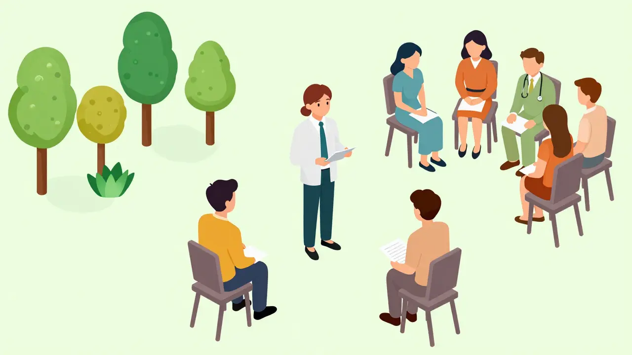 Terapeutická schůzka s pozadím sekulární skupiny AA bez náboženských symbolů.