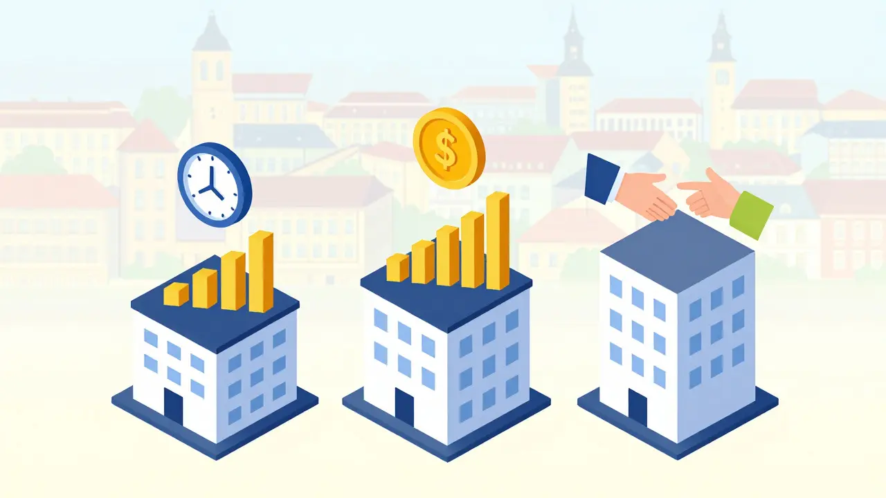 Tři budovy symbolizují hlavní hráče párové terapie v Česku, kolem nich ikony času, nákladů a spolupráce.