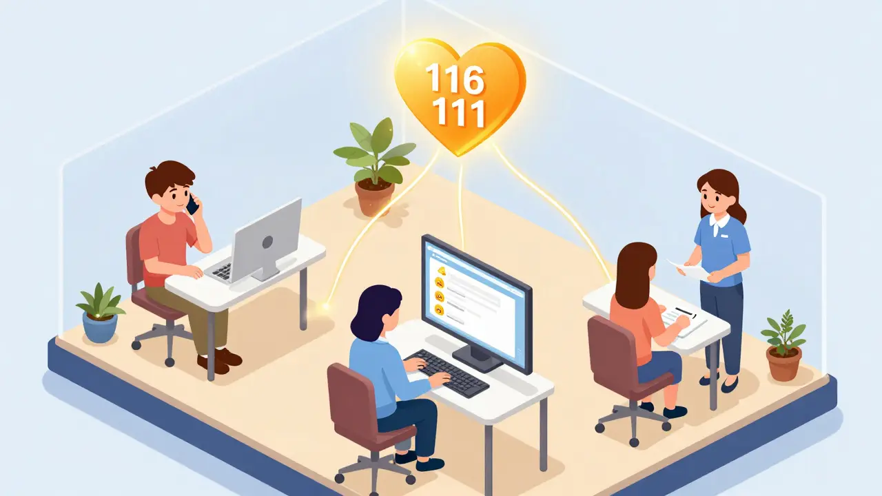 Tři mladí lidé komunikují s poradnou přes telefon, chat a e-mail, spojeni zlatými vlákny.