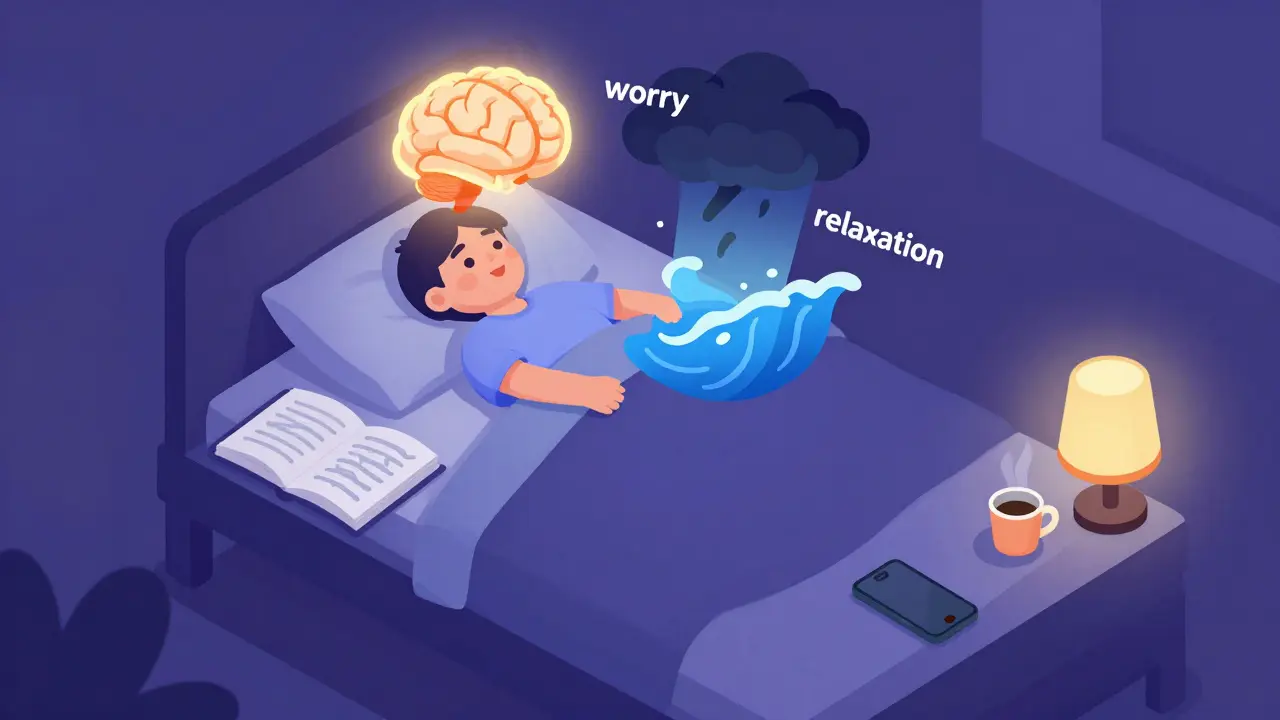 Večerní scéna v posteli s uvolňováním úzkosti a přijímáním klidu.