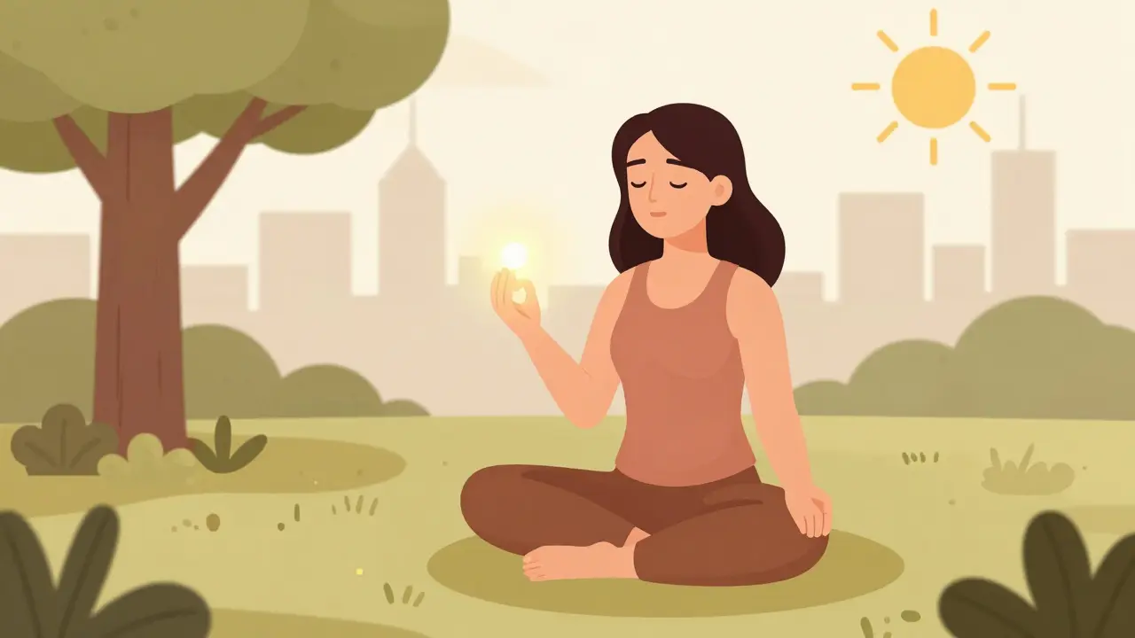 Žena meditující v parku s vnitřní světelnou energií