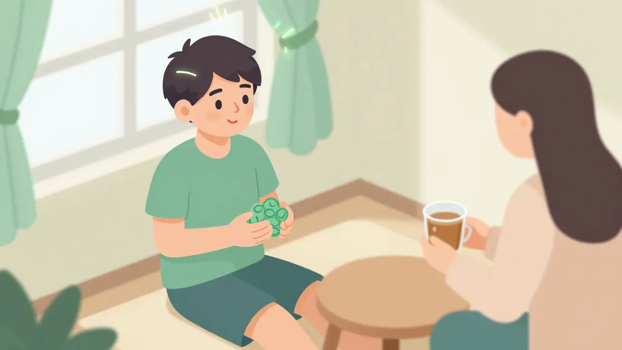 Autistický člověk se pomalu vrací k svědomí, drží stimulační předmět, terapeut dodržuje prostor a klid.