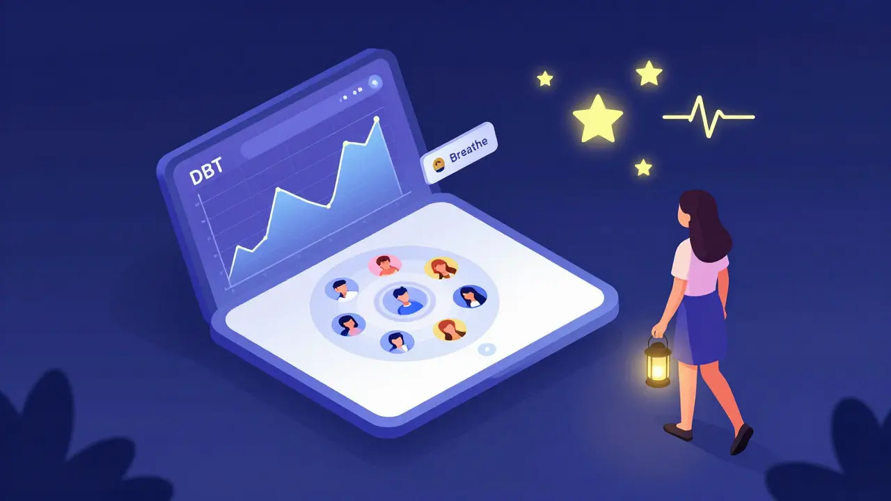 Digitální DBT platforma s mood trackrem a žena s laternou místo jídla v noci.