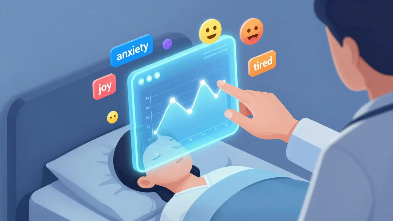 Digitální deník s barvami emocí se zobrazuje nad postelí, zatímco terapeut sleduje trendy nálady.