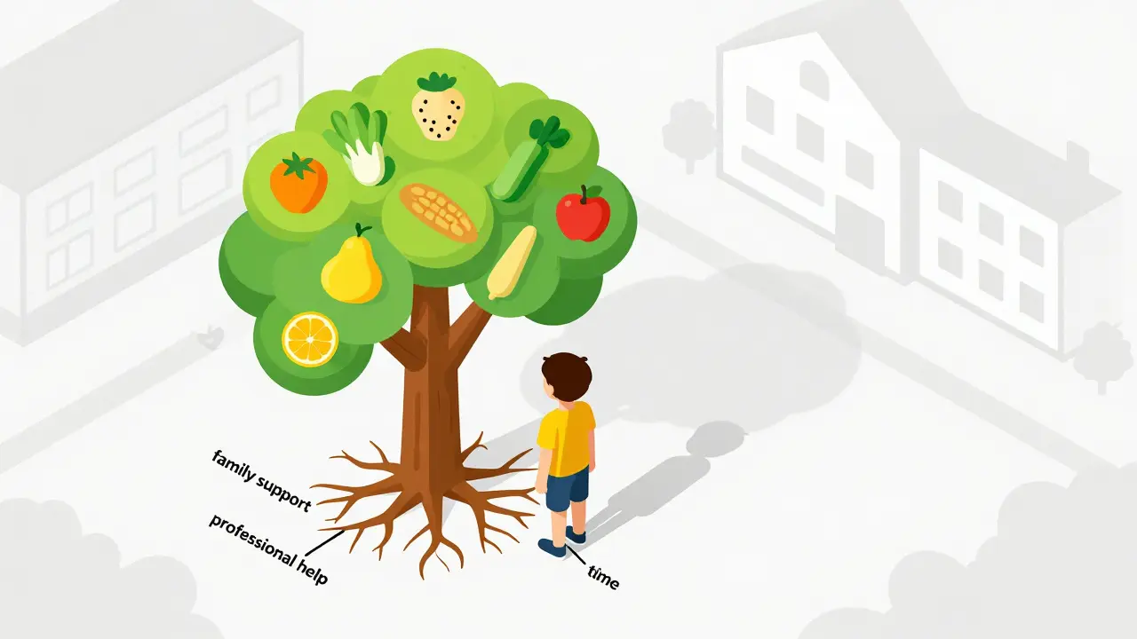 Dítě stojí u stromu z jídla, jeho stín ukazuje zdravou verzi sebe.