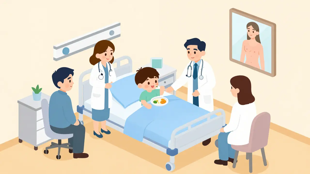 Dítě v nemocnici jí s týmem lékařů, kteří ho podporují.