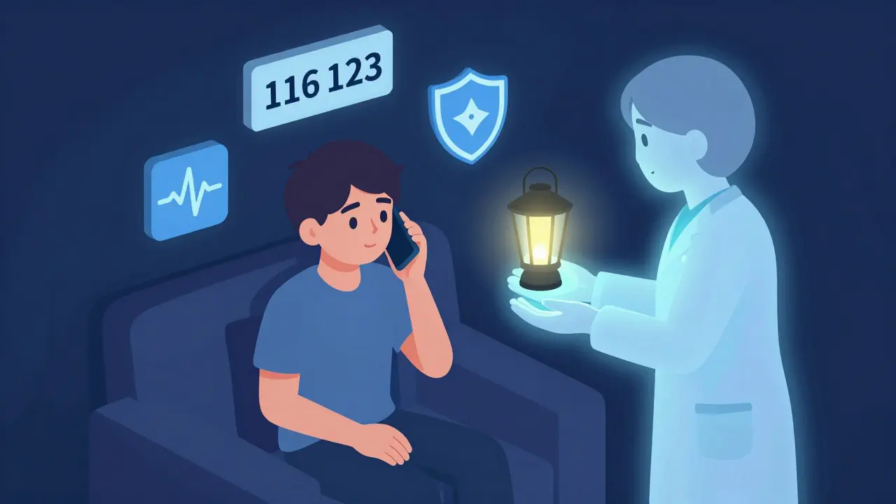 Dítě volá na linku 116 123 v noci, když ho obklopuje klidná, průhledná postava pomocníka.