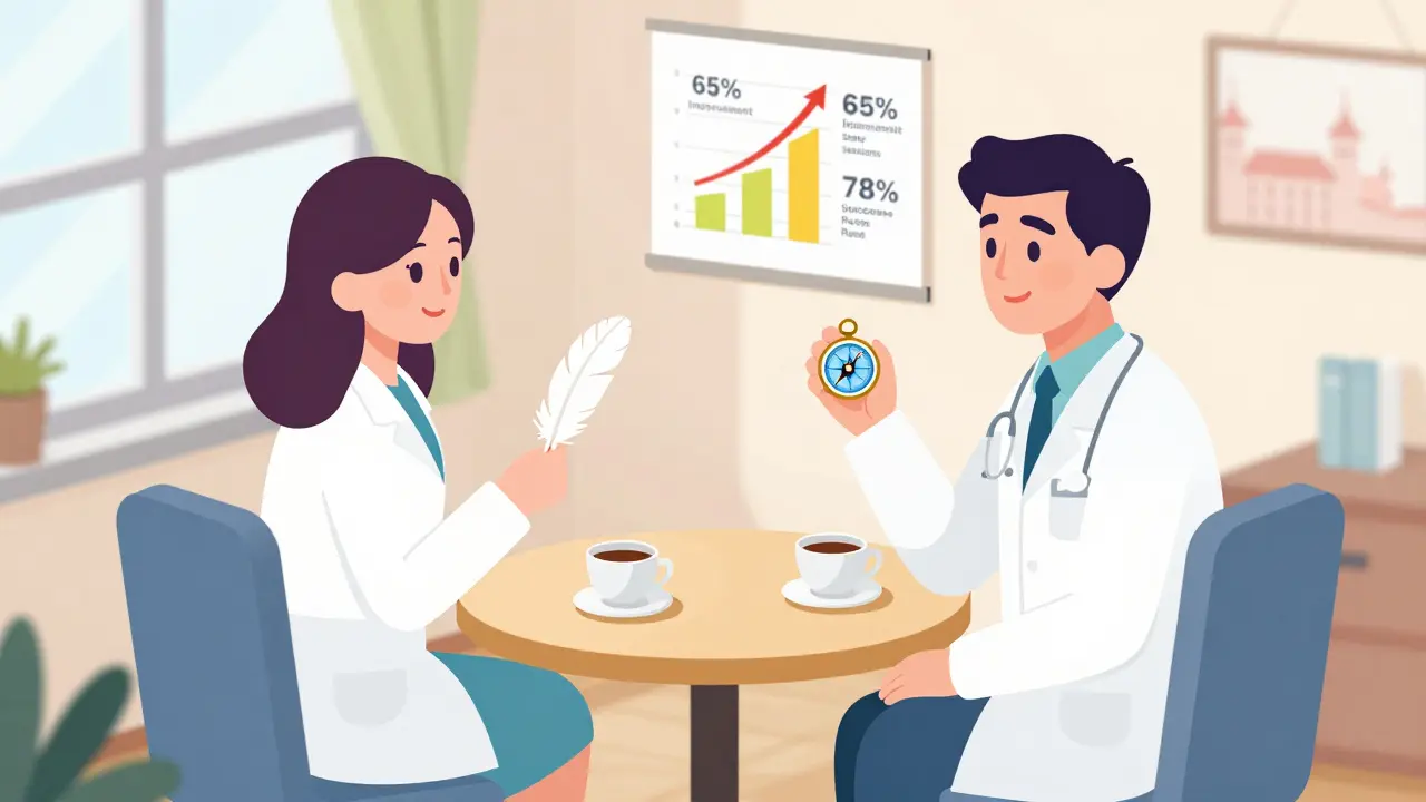 Dva terapeuti pomáhají pármu, na pozadí graf s úspěšností terapie a teplými čajovými šálky.