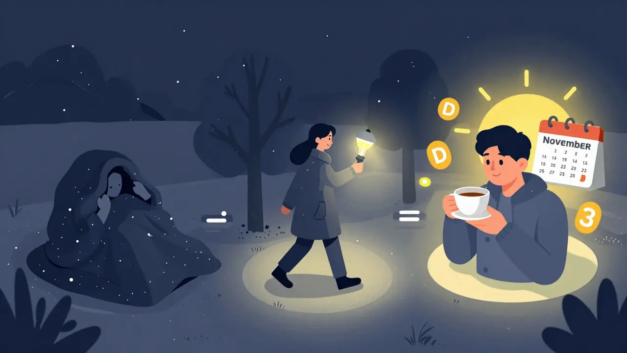 Isometrický přehled sezónní změny: od zimního únavy přes léčbu k jarnímu zlepšení s doplňky a pohybem.