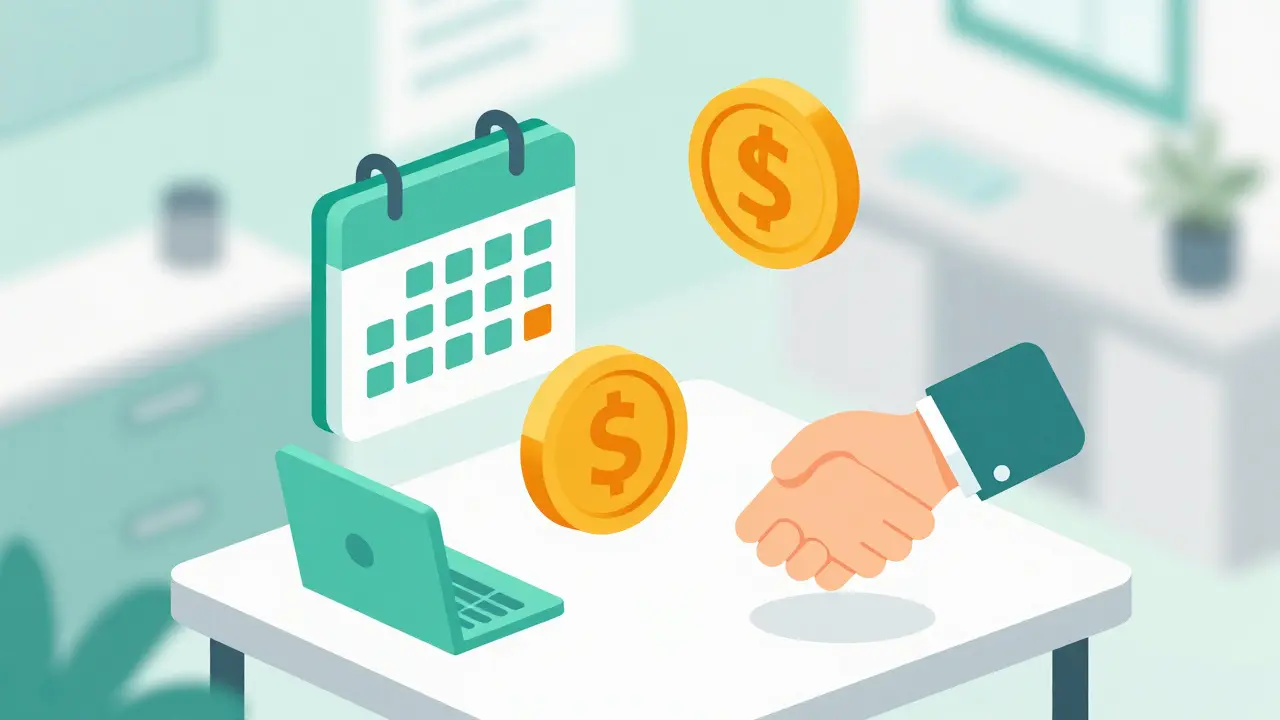 Izometrická scéna zobrazující platby, kalendář a vzájemnou dohodu v terapii.