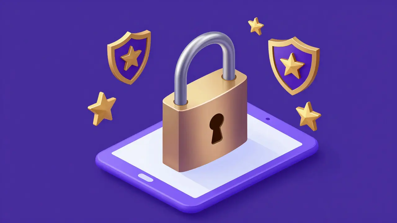 Izometrie: zamčený zámek a odznaky kvalifikace pro bezpečnou terapii.