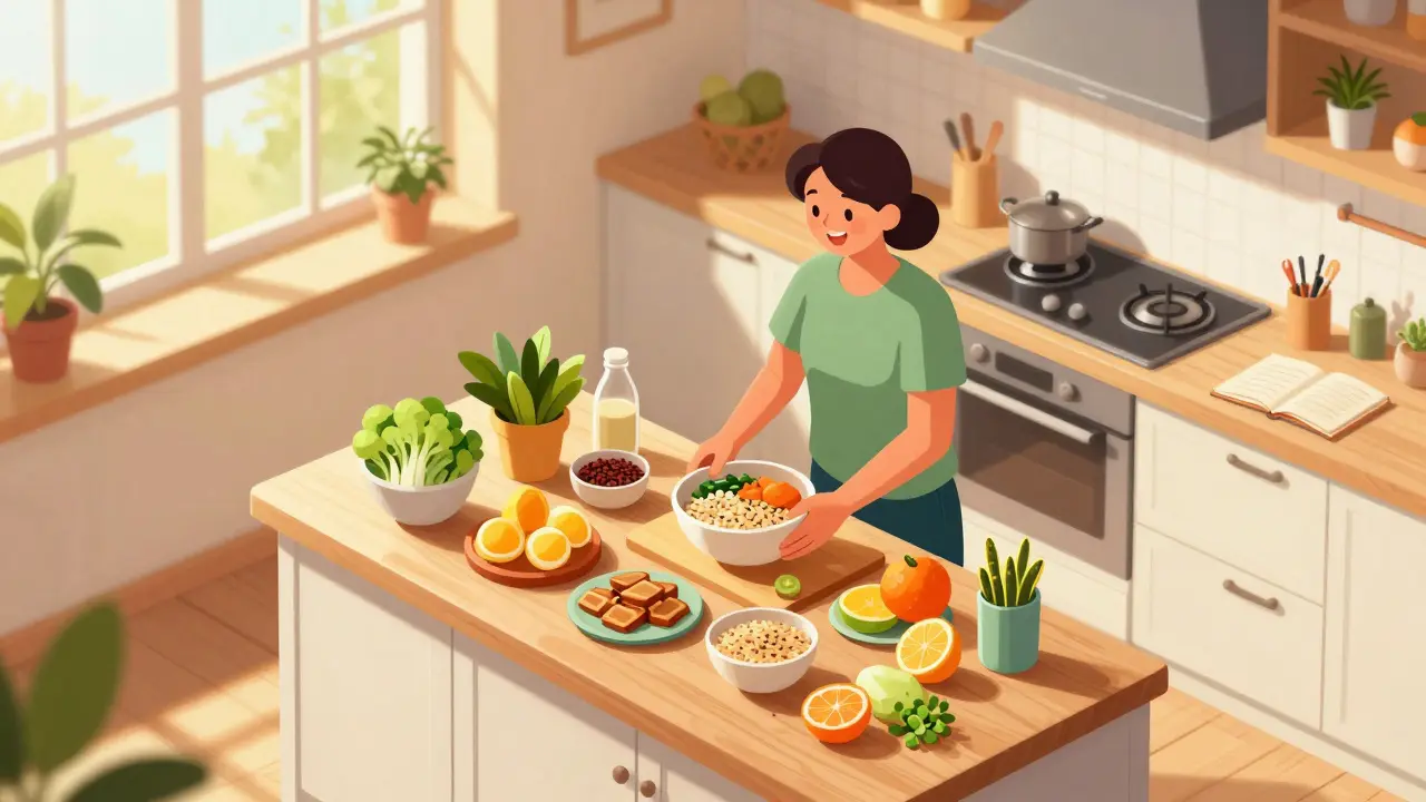 Jasná kuchyň s člověkem připravujícím jídlo jako symbol uzdravení.